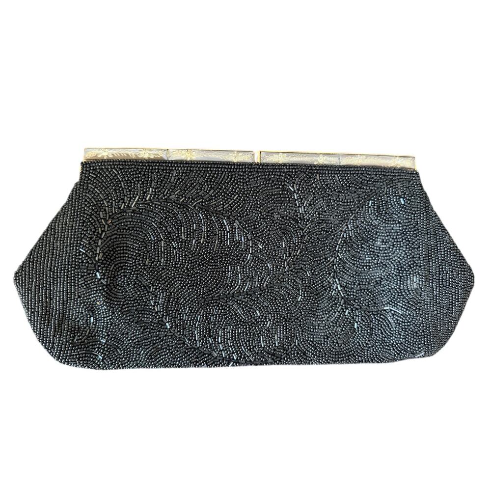 50s 60s Vintage Schildkraut Bros Black Beaded Floral Carved Clutch Minaudière